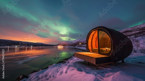 Snuggle up in a warm comfortable pod and watch as the colorful lights of the Aurora Borealis illuminate the night sky. 2d flat cartoon.
