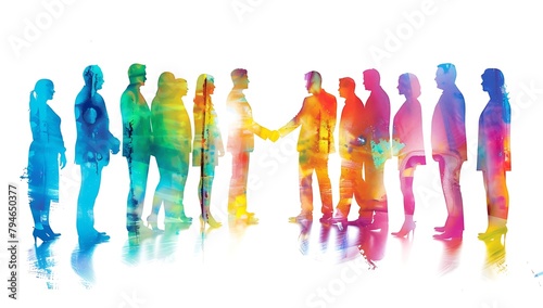 A group of business people shaking hands  with colorful silhouettes against a white background
