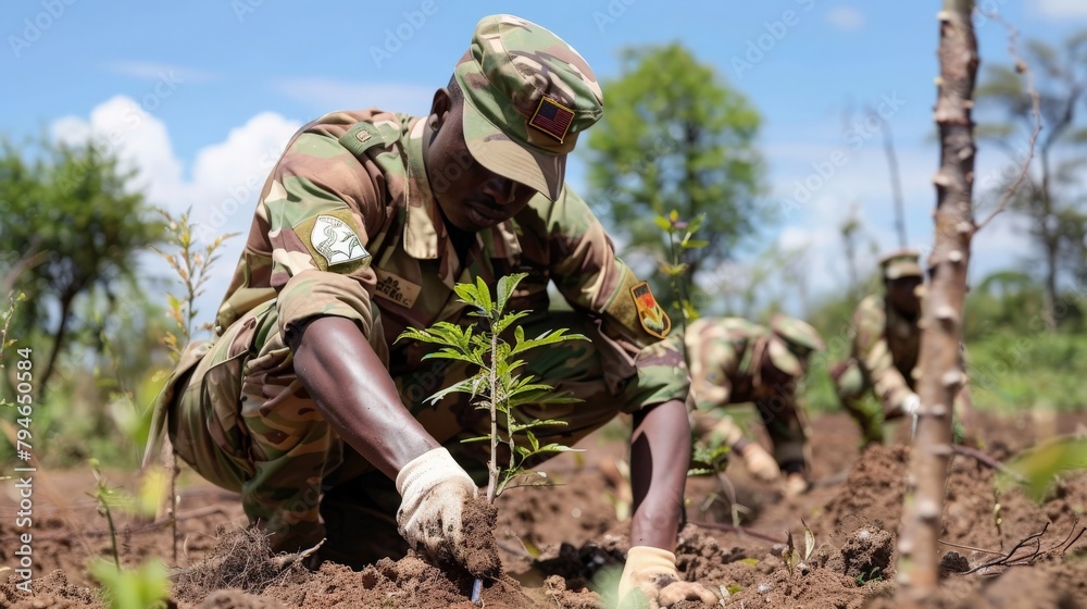 Soldiers planting trees to restore the environment, their faces filled with determination