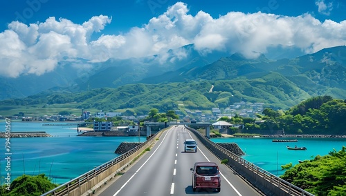 A highway with cars driving on it, surrounded by blue water and green mountains in the background
