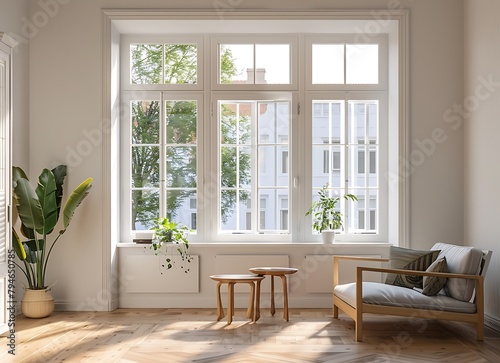 A large window in the living room of an apartment with white frames and a wooden frame  a plant on one side of it and two small coffee tables near the window  sunlight coming through