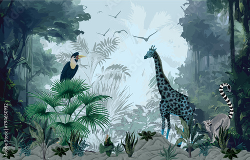 Tropical jungle landscape wallpaper. Exotic jungle landscapes illustration.