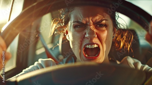 Road Rage Aggressive Female Driver Confronting Traffic Violators photo