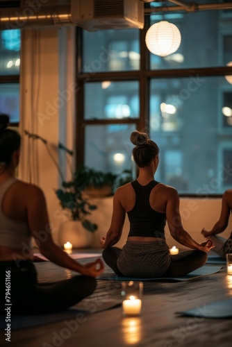 Professional Photography of a late-night yoga class in a dimly lit studio, participants finding peace and relaxation amidst the hustle, Generative AI