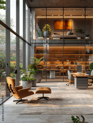 A stylish modern office blends sleek design with natural elements, offering a warm, inviting workspace environment.