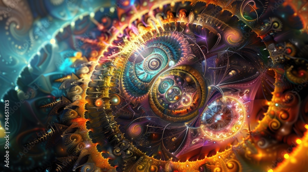 Colorful clockwork pattern in a digital form with sacred symbols and ...