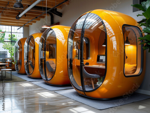 Sleek, orange private office pods offer a unique and innovative workspace solution in a contemporary open-plan office.