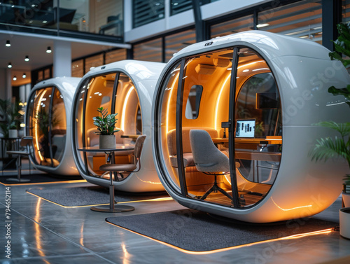 Modern work pods featuring an elegant interior with a comfortable chair and desk setup, perfect for focused tasks.