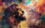 painting of Jesus with a lion, with a beautiful colorful background