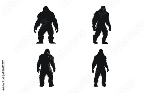 Bigfoot silhouette illustration set, Big foot yeti black and white silhouette set 
