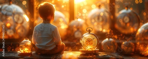 Young Boy Sitting Amidst Antique Pocket Watches in Golden Field