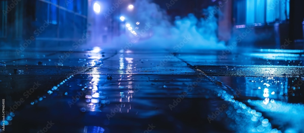 Rain-soaked sidewalk close up with a lonely street light in the background, creating a moody urban scene