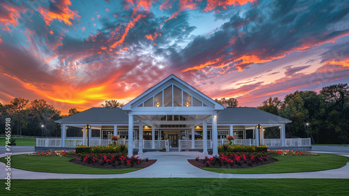 Elegant evening at a new clubhouse with a white porch and gable roof captured during a dramatic sunset in ultra HD.