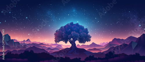 night sky in mountains with a big tree in the middle