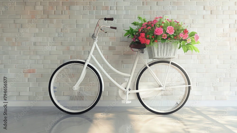 A stylish luxury bicycle adorned with a bouquet of fresh flowers in a basket, set against a textured brick wall backdrop, combining classic elegance with contemporary flair.