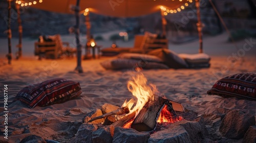 A bonfire crackles nearby inviting you to sit and share stories with your Bedouin hosts before drifting off to sleep in your luxurious desert accommodations. 2d flat cartoon.