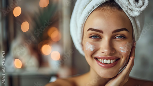 Beauty home skincare routine - Woman with a fresh face and moisturizing cream, exemplifying a home skincare beauty routine