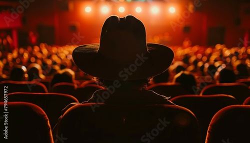 Silhouetted audience member in a cowboy hat - In a warm-lit cinematic theatre, a lone spectator with a cowboy hat is silhouetted against a backdrop of glowing stage lights and a seated audience