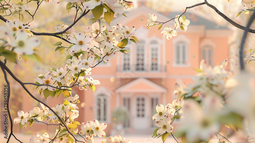 Looking through the branches of a flowering dogwood tree at a classic house in soft apricot, with the flowers adding a dreamy quality to the scene. photo