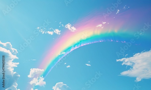 Vibrant rainbow in a whimsical sky - The image features a vivid rainbow that seamlessly transitions into a dreamlike sky with fluffy clouds