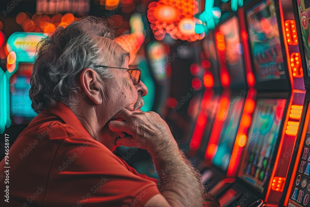 Fototapeta premium A man sitting at a slot machine, pressing buttons and watching the reels spin in a bustling casino environment. Generative AI