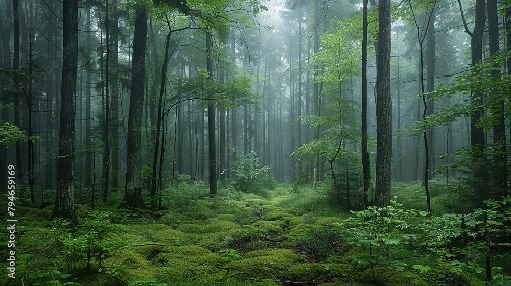 Fototapeta premium A dense forest shrouded in fog evokes an ethereal and mysterious atmosphere. Fantasy landscape. Generative AI