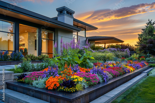 Modern home architecturally stunning with vibrant flower beds and sunset hues. photo