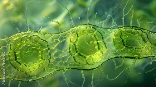 A detailed snapshot of a euglenoid undergoing photosynthesis with a green chloroplast visible within its cell body. photo