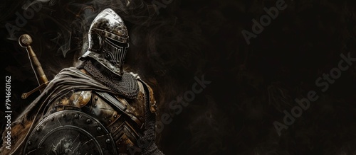 An armored knight holding a sharp sword, ready for battle and wearing protective gear photo