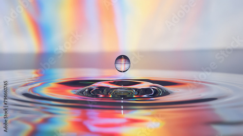 A water droplet captured in mid-air, with colorful light refractions creating a ripple effect on the water's surface. photo