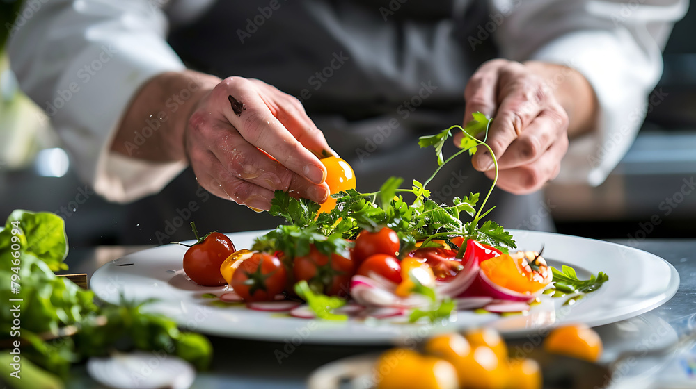 a chef prepares a colorful vegetable dish on a white plate, using a silver knife to chop red tomato