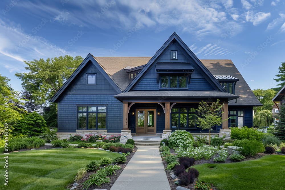 The facade of a deep sapphire craftsman cottage style house, with a triple pitched roof, elegant landscaping, a direct path, and distinctive curb appeal, reflecting sophistication and modernity.