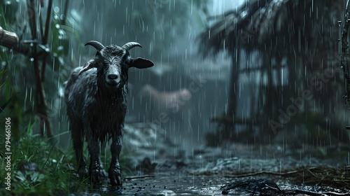 Goat In The Rain Hd Desktop Wallpaper - Indonesian Art And Lively Nature Scenes. herding goat in the rain, a captivating hd wallpaper rendered in the style of unreal engine  photo