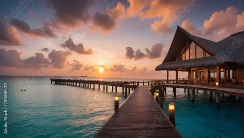 the entrance bridge of five star luxury resort in Maldives with a restaurant and water villa facade under the beautiful sunset sky. Ai Generative. © Rizky Rahmat Hidayat