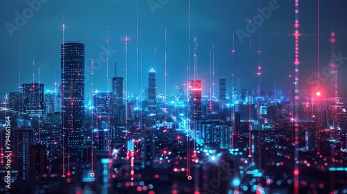 Smart city skyscraper view  technology icons  internet of things  with smart services networks background concept. Neon light speed access 5G internet symbol.