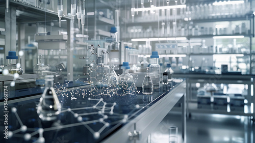 Ultra-detailed view of a laboratory creating biosynthetic pathways for sustainable chemical production, showcasing molecular diagrams and reaction setups 32k,