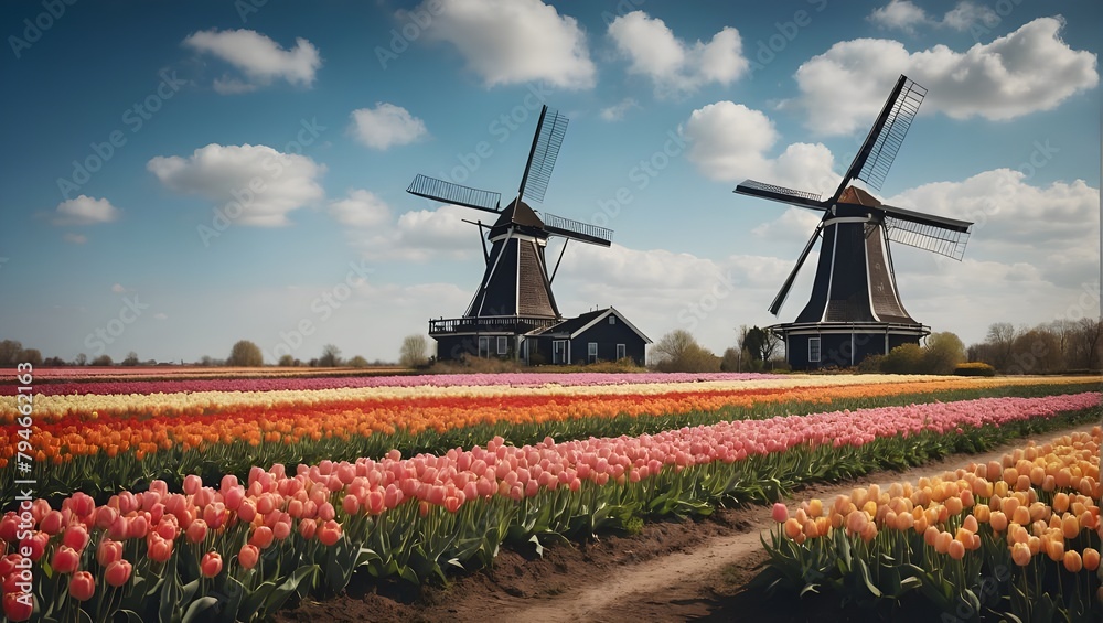 Landscape with colorful tulips with traditional Dutch windmill and cloudy sky in background. Ai Generative.