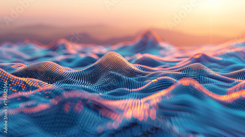 Visualization of a virtual reality landscape, where digital mountains and valleys form a metaphor for the peaks and troughs of data flow in the digital age.