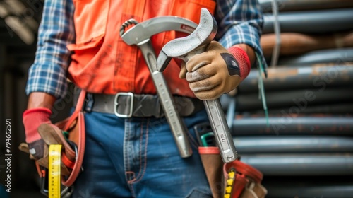 A determined plumber stands in front of a stack of pipes holding a pipe wrench in one hand and a tape measure in the other. Their toolbelt is filled with plumbing supplies and a hardhat . photo