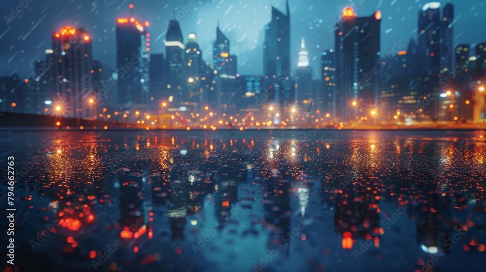 The rain intensifies turning the dark asphalt into an endless mirror reflecting the citys glowing skyline above. . AI generation.