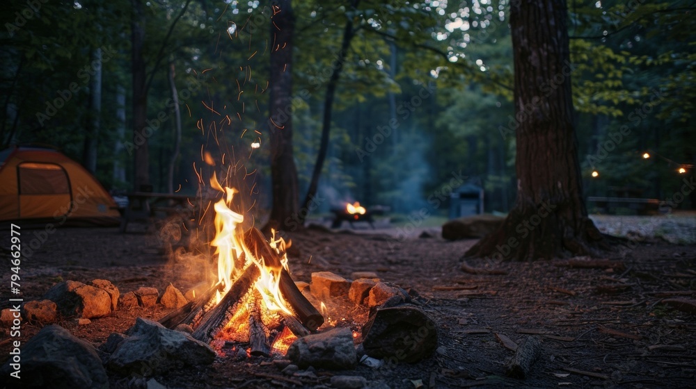 The warm glow of a campfire illuminating a peaceful wooded campsite inviting guests to relax and unwind. 2d flat cartoon. The warm glow of a campfire illuminating a peaceful wooded campsite inviting guests to relax and unwind. 2d flat cartoon.