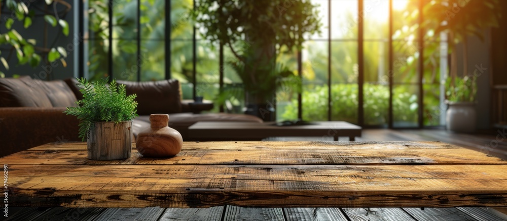 Displayed on the wooden table is a decorative vase with fresh flowers alongside a healthy potted plant Displayed on the wooden table is a decorative vase with fresh flowers alongside a healthy potted plant