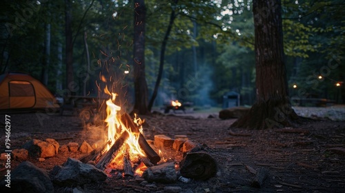 The warm glow of a campfire illuminating a peaceful wooded campsite inviting guests to relax and unwind. 2d flat cartoon.