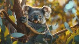 Koala Bear Sit On The Branch of the tree and eat leaves 4K Wallpaper closeup  