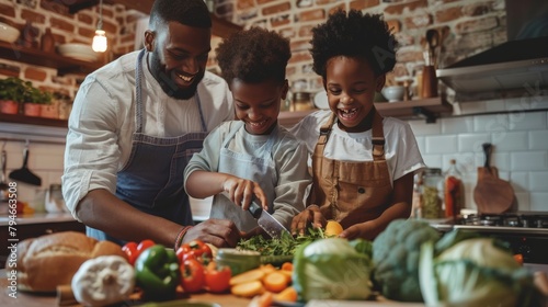 A kitchen scene where a family prepares a healthy meal together, chopping vegetables and laughing, the shared activity reinforcing the bonds of family and the joy of healthy living.