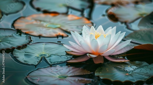 A floating white blossom on a pond