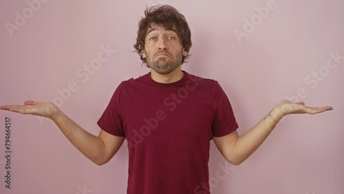 Clueless young hispanic man in pink background - puzzled expression, arms up, t-shirt wearing guy in doubt, ignorant to answer, emotionally ambiguous photo