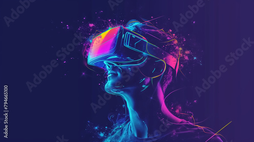A radiant illustration of a woman in a VR headset, encapsulated by a cosmic and vibrant splash of neon colors in a surreal setting. 