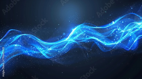 Abstract blue wavy line of light with a transparent background. Light glowing effect. Light trail wave, fire path trace line and incandescence curve twirl. Generative Ai photo