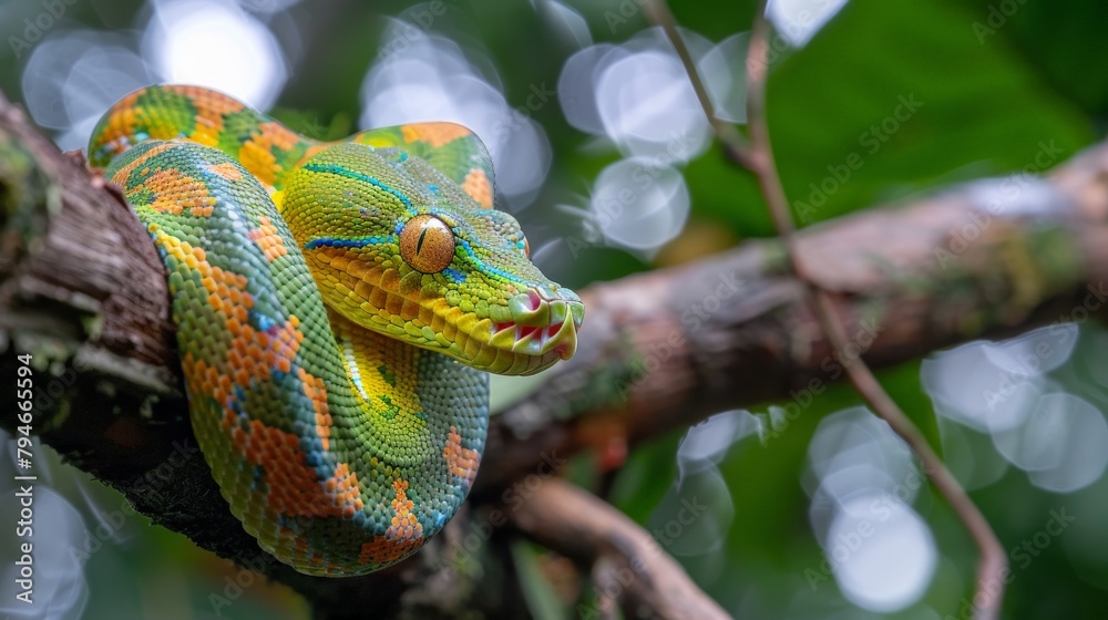 Obraz premium Arboreal emerald tree boa coiled around a tree branch in the rainforest
